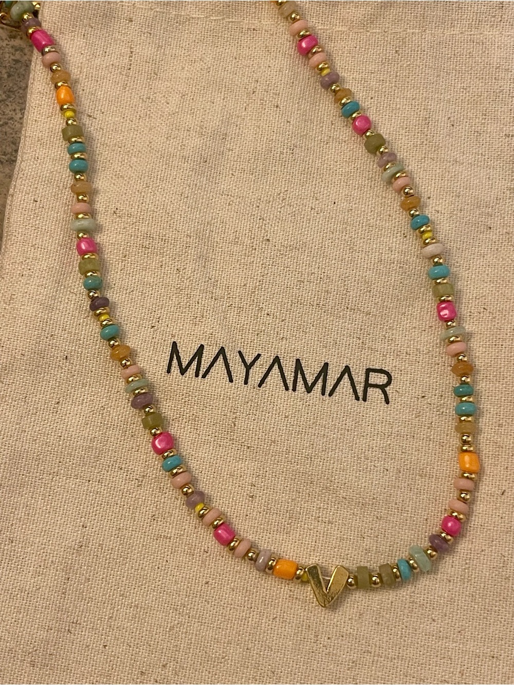 Multicolor Beaded Necklace with Gold 'V' Initial Pendant - Women's Jewelry